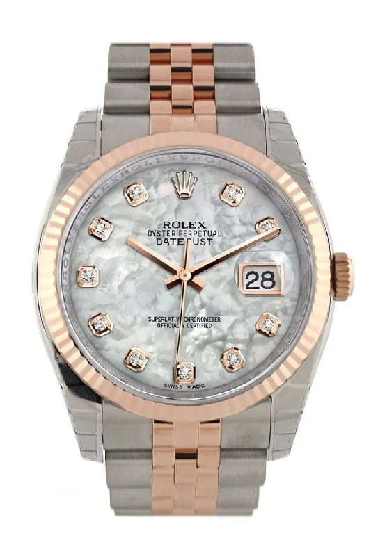 women’s watches with interchangeable bands   Rolex Datejust 36 White mother-of-pearl set with diamonds Dial Fluted Steel and 18k Rose Gold Jubilee Watch 116231