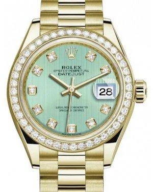 Formal watches for evening events Rolex Lady Datejust 28 Yellow Gold Mint Green Diamond Dial & Diamond Bezel President Bracelet 279138RBR Formal watches for evening events Rolex Lady Datejust 28 Yellow Gold Mint Green Diamond Dial & Diamond Bezel President Bracelet 279138RBR
