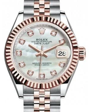 Watches with adjustable straps for a perfect fit   Rolex Lady Datejust 28 Rose Gold/Steel White Mother of Pearl Diamond Dial & Fluted Bezel Jubilee Bracelet 279171 - New