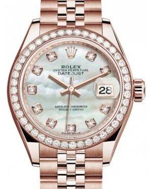 Watches with leather straps and quick release clasps   Rolex Lady Datejust 28 Rose Gold White Mother of Pearl Diamond Dial & Diamond Bezel Jubilee Bracelet 279135RBR