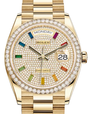 Watches with a stylish look   Rolex Day-Date 36 Yellow Gold Diamond Paved Rainbow Colored Sapphires Dial & Diamond Bezel President Bracelet 128348RBR