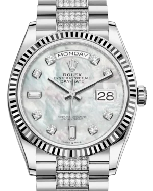 women’s watches with interchangeable bands   Rolex Day-Date 36 White Gold White Mother of Pearl Diamond Dial & Fluted Bezel Diamond Set President Bracelet 128239