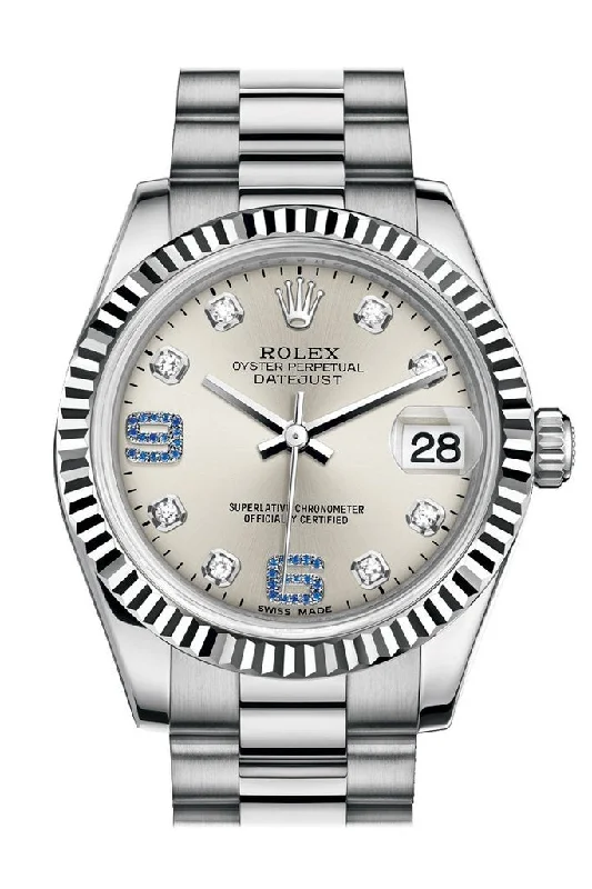 Watches with a sophisticated look Rolex Datejust 31 Silver set with diamonds and sapphires Dial Fluted Bezel 18K White Gold President Ladies Watch 178279 Watches with a sophisticated look Rolex Datejust 31 Silver set with diamonds and sapphires Dial Fluted Bezel 18K White Gold President Ladies Watch 178279