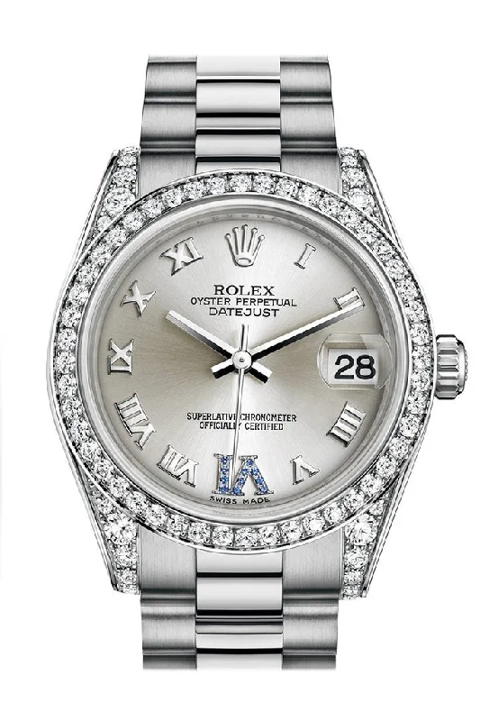 Watches with a stylish look   Rolex Datejust 31 Silver Large VI set with sapphires Dial Diamond Bezel Lug 18K White Gold President Ladies Watch 178159
