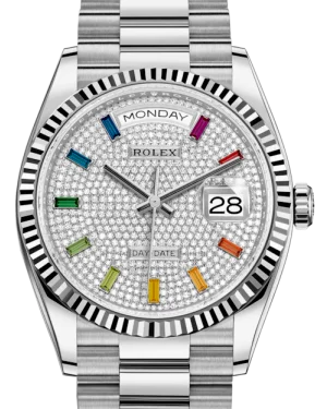 Luxury quartz watches with high-end movements Rolex Day-Date 36 White Gold Diamond Paved Rainbow Colored Sapphires Dial & Fluted Bezel President Bracelet 128239 Luxury quartz watches with high-end movements Rolex Day-Date 36 White Gold Diamond Paved Rainbow Colored Sapphires Dial & Fluted Bezel President Bracelet 128239