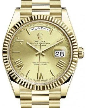 Luxury brand automatic watches for men   Rolex Day-Date 40 Yellow Gold Champagne Roman Dial Fluted Bezel 228238
