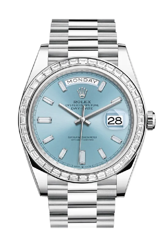 stylish watches for everyday wear   Rolex Day-Date 40 Ice Blue Baguette Diamond Dial 40 Baguette Diamond Bezel Platinum President Automatic Men's Watch 228396TBR 228396