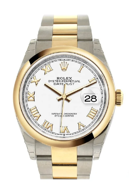 Watches with a classic look   Rolex Datejust 36 White Roman Dial Dome Bezel Oyster Yellow Gold Two Tone Watch 126203 NP