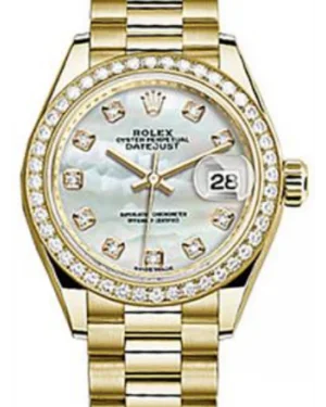 Men's dress watches with slim profile   Rolex Datejust 28MM 279138 White Mother of Pearl Diamond Markers & Bezel Yellow Gold President - NEW