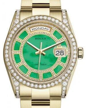 Men's dress watches with slim profile Rolex Day-Date 36 Yellow Gold Carousel of Green Jade Diamond Dial & Diamond Set Case & Bezel Oyster Bracelet 118388 Men's dress watches with slim profile Rolex Day-Date 36 Yellow Gold Carousel of Green Jade Diamond Dial & Diamond Set Case & Bezel Oyster Bracelet 118388