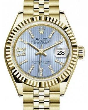 Watches with classic style for timeless appeal   Rolex Lady Datejust 28 Yellow Gold Cornflower Blue Diamond Index/Roman IX Dial & Fluted Bezel Jubilee Bracelet 279178