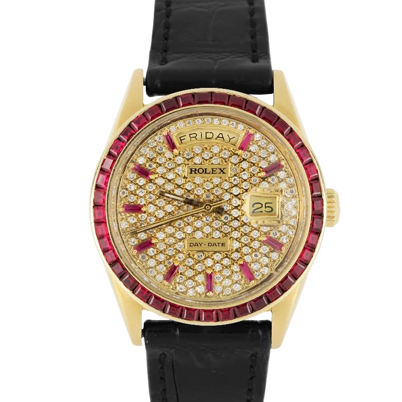 stylish watches for casual wear VINTAGE Rolex Day-Date 18k Yellow Gold DIAMOND RUBY 36mm 1803 Leather Watch stylish watches for casual wear VINTAGE Rolex Day-Date 18k Yellow Gold DIAMOND RUBY 36mm 1803 Leather Watch