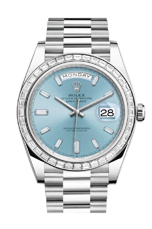 Watches with leather straps and quick release clasps   Rolex Day-Date 40 Ice Blue Baguette Diamond Dial 40 Baguette Diamond Bezel Platinum President Automatic Men's Watch 228396TBR 228396