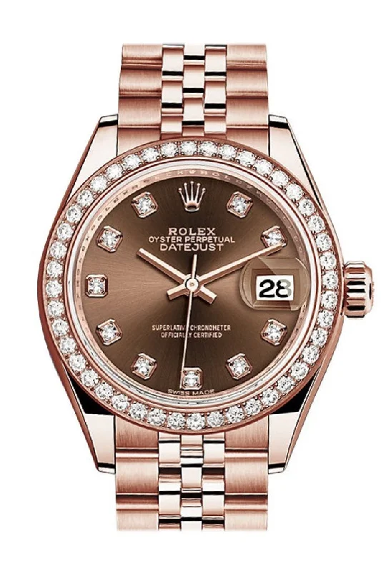 Watches with leather straps and quick release clasps   Rolex Datejust 28 Chocolate Diamond Dial Diamond Bezel Rose Gold Jubilee Ladies Watch 279135RBR 279135 NP