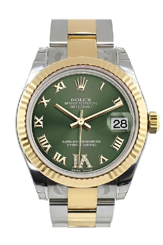 Watches with leather straps and quick release clasps   Rolex Datejust 31 Olive Green Roman Large VI Diamond Dial Fluted Bezel  18K Gold Two Tone Ladies 178273
