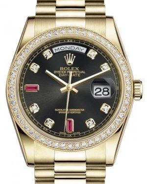 Men's dress watches with slim profile Rolex Day-Date 36 Yellow Gold Black Diamond & Rubies Dial & Diamond Bezel President Bracelet 118348 Men's dress watches with slim profile Rolex Day-Date 36 Yellow Gold Black Diamond & Rubies Dial & Diamond Bezel President Bracelet 118348