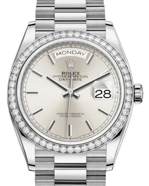 Vintage style quartz watches Rolex Day-Date 36 White Gold Silver Index Dial & Diamond Bezel President Bracelet 128239RBR Vintage style quartz watches Rolex Day-Date 36 White Gold Silver Index Dial & Diamond Bezel President Bracelet 128239RBR
