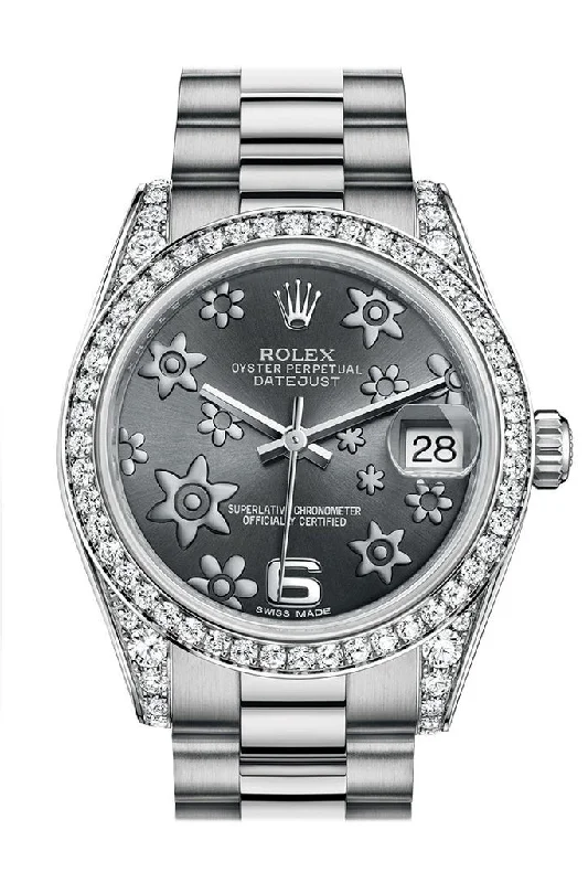 Watches with a sophisticated look Rolex Datejust 31 Dark Rhodium Raised Floral Motif Dial Diamond Bezel Lug 18K White Gold President Ladies Watch 178159 Watches with a sophisticated look Rolex Datejust 31 Dark Rhodium Raised Floral Motif Dial Diamond Bezel Lug 18K White Gold President Ladies Watch 178159