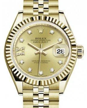 Watches with a sophisticated look   Rolex Lady Datejust 28 Yellow Gold Champagne Diamond IX Dial & Fluted Bezel Jubilee Bracelet 279178