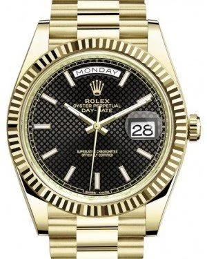 stylish watches for everyday wear   Rolex Day-Date 40MM Yellow Gold Black Diagonal Motif Index Dial & Fluted Bezel President Bracelet 228238 -  NEW