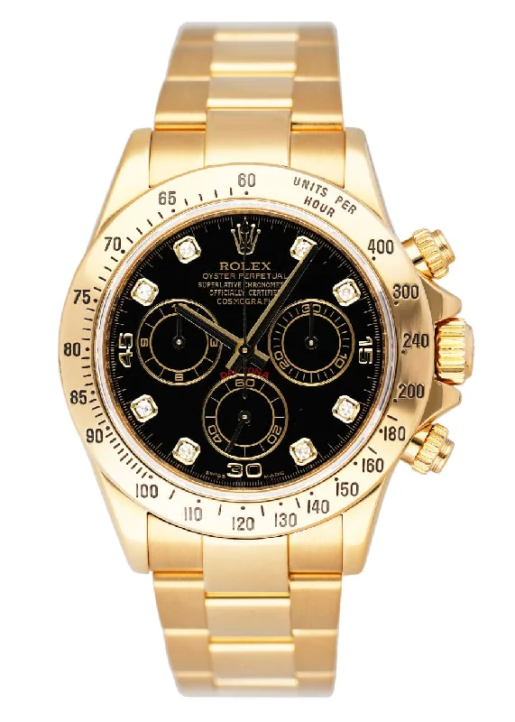 Watches with a sophisticated look   Rolex Daytona 116528 Diamond Black Dial Mens Watch Box Papers