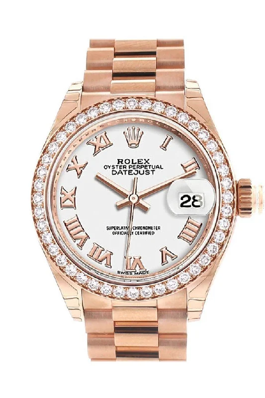Watches for daily wear   Rolex Datejust 28 White Roman Dial Diamond Bezel Rose Gold President Ladies Watch 279135RBR NP