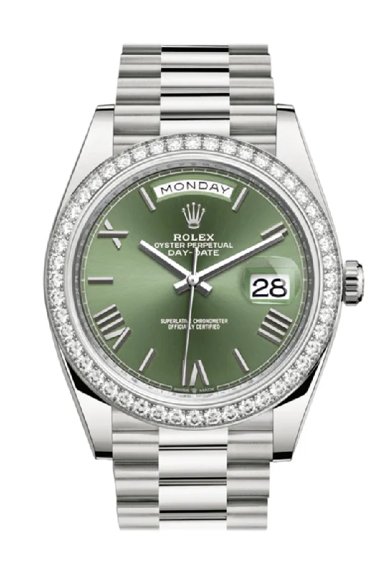 Formal watches for evening events   Rolex Day-Date 40 Olive Green Roman Dial Diamond Bezel White Gold President Automatic Men's Watch 228349RBR 228349