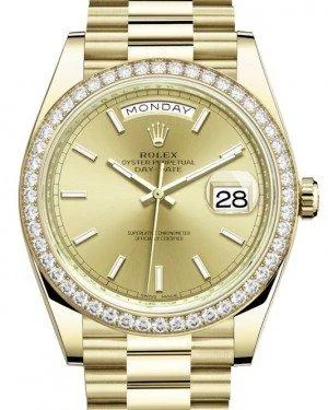 Watches with a sophisticated look   Rolex Day-Date 40 Yellow Gold Champagne Index Dial & Diamond Bezel President Bracelet 228348RBR