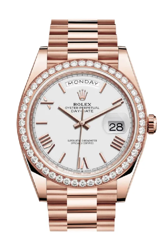elegant dress watches for formal events   Rolex Day-Date 40 White Roman Dial Diamond Bezel 18K Everose gold President Automatic Men's Watch 228345RBR 228345