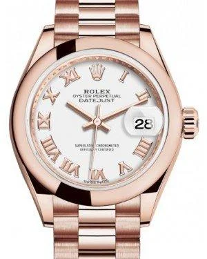 Watches with leather straps and quick release clasps   Rolex Lady Datejust 28 Rose Gold White Roman Dial & Smooth Domed Bezel President Bracelet 279165