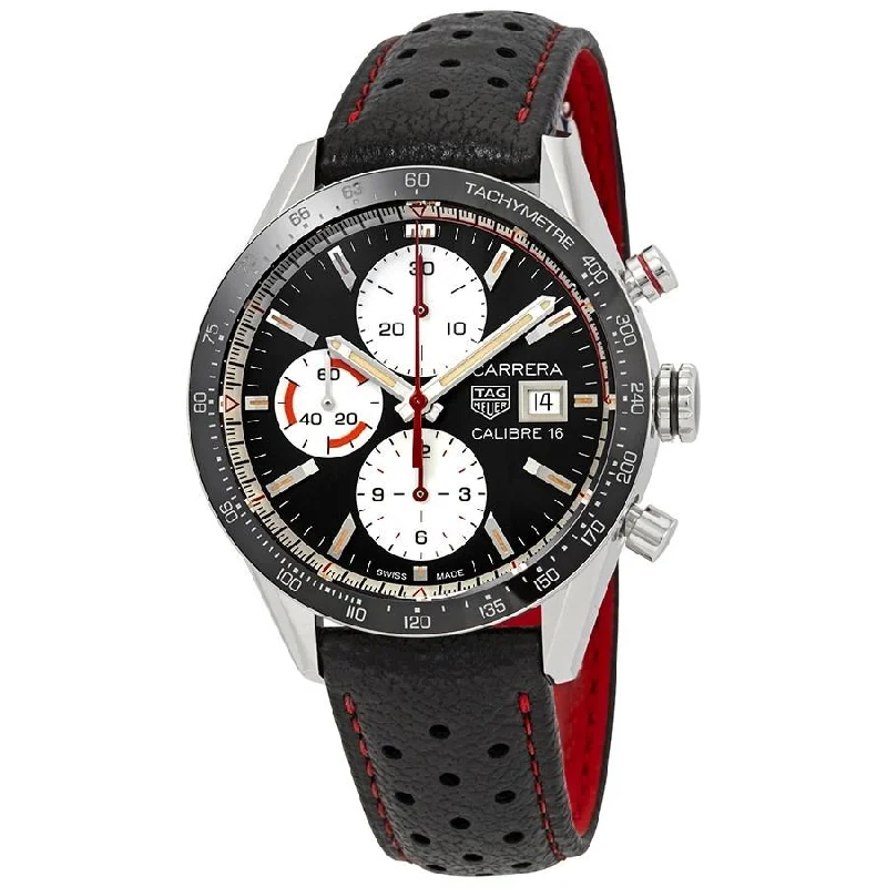 Watches with leather straps and quick release clasps   Tag Heuer Men's CV201AP.FC6429 Carrera Chronograph Black Leather Watch