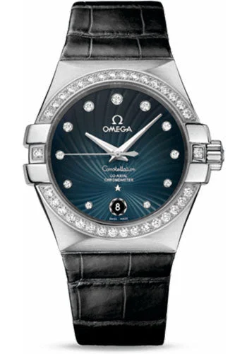 Luxury quartz watches with high-end movements   Omega Ladies Constellation Chronometer Watch - 35 mm Brushed Steel Case - Diamond Bezel - Blue Diamond Dial - Black Leather Strap - 123.18.35.20.56.001