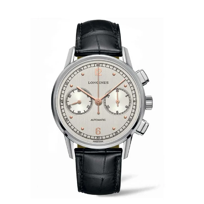 elegant dress watches for formal events   Longines Men's L2.814.4.76.0 Heritage Chronograph Black Leather Watch