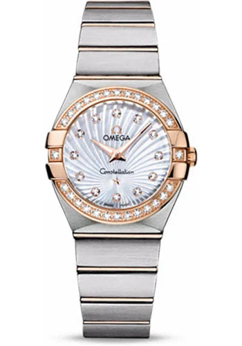 Watches with classic style for timeless appeal   Omega Ladies Constellation Quartz Watch - 27 mm Brushed Steel And Red Gold Case - Diamond Bezel - Mother-Of-Pearl Diamond Dial - 123.25.27.60.55.002