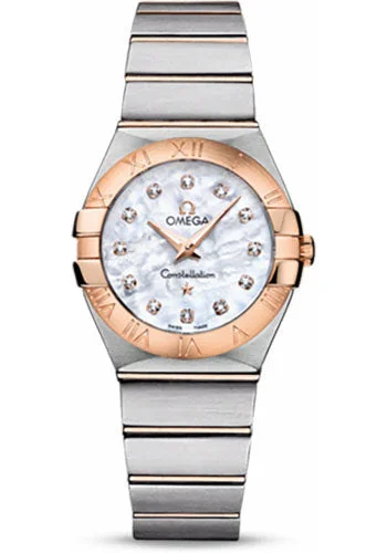 Watches with a stylish look   Omega Ladies Constellation Quartz Watch - 27 mm Brushed Steel And Red Gold Case - Mother-Of-Pearl Diamond Dial - 123.20.27.60.55.001