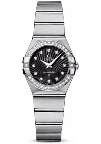 Watches with a stylish look   Omega Ladies Constellation Quartz Watch - 24 mm Brushed Steel Case - Diamond Bezel - Black Diamond Dial - 123.15.24.60.51.001