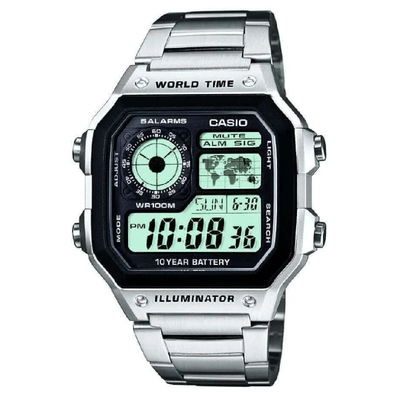 Watches for daily wear   Casio Watch Digital World Time Illuminator Silver AE-1200WHD-1AVDF