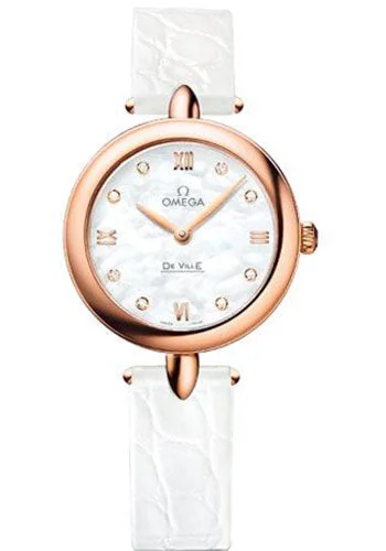 Watches for special occasions   Omega De Ville Prestige Quartz Dewdrop Watch - 27.4 mm Red Gold Case - Mother-Of-Pearl Dial - White Leather Strap - 424.53.27.60.55.002