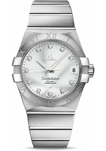 women’s watches with interchangeable bands   Omega Gents Constellation Chronometer Watch - 38 mm Brushed Steel Case - Silver Diamond Dial - 123.10.38.21.52.001