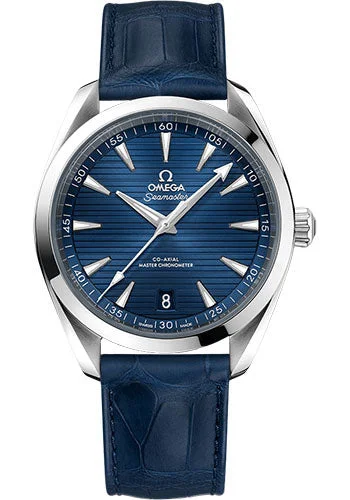 Women's dress watches with elegant straps   Omega Seamaster Aqua Terra 150M OMEGA Co-Axial Master Chronometer - 41 mm Steel Case - Blue Dial - Blue Leather Strap - 220.13.41.21.03.003