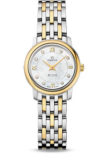 Modern design square dial watches   Omega De Ville Prestige Quartz Watch - 24.4 mm Steel Case - Yellow Gold Bezel - Mother-Of-Pearl Diamond Dial - Yellow Gold Bracelet - 424.20.24.60.55.001