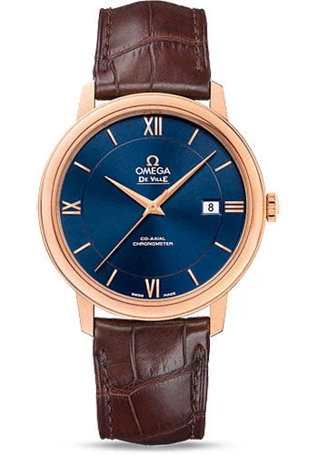 watches with custom engravings for gifts   Omega De Ville Prestige Co-Axial Watch - 39.5 mm Red Gold Case - Blue Dial - Brown Leather Strap - 424.53.40.20.03.002