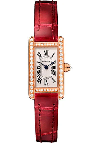 elegant dress watches for formal events   Cartier Tank AmŽricaine Watch - 27 mm Pink Gold Diamond Case - Diamond Bezel - Diamond Dial - Red Strap - WB710014