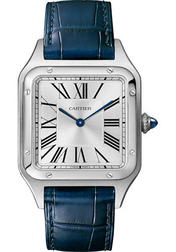 Casual watches for weekend outings   Cartier Santos-Dumont Watch - 43.5 mm Steel Case - Silver Dial - Navy Blue Strap - WSSA0022