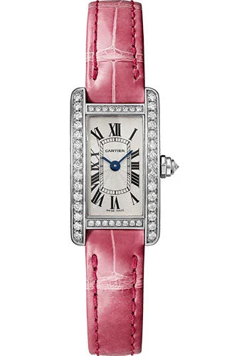 Luxury quartz watches with high-end movements   Cartier Tank AmŽricaine Watch - 27.00 mm x 15.20 mm White Gold Case - Silver Dial - Leather Strap - WJTA0027