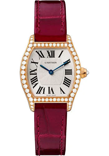 Watches with a classic look   Cartier Tortue Watch - 30 mm Pink Gold Diamond Case - Bordeaux Alligator Strap - WA501006