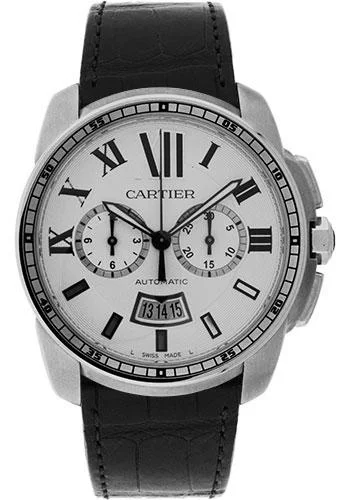 Watches with classic style for timeless appeal   Cartier Calibre de Cartier Chronograph Watch - 42 mm Steel Case - Silver Dial - Black Alligator Strap - W7100046