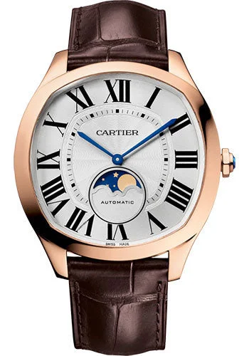 designer watches for special occasions   Cartier Drive de Cartier Moon Phases Watch - 40 mm x 41 mm Rose Gold Case - Silvered Dial - Brown Alligator Strap - WGNM0018
