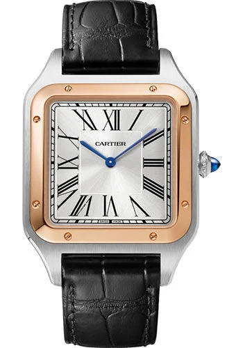 Watches with a classic look   Cartier Santos-Dumont Watch - 46.6 mm x 33.9 mm Steel Case - Pink Gold Bezel - Silver Dial - Black Leather Strap - W2SA0017
