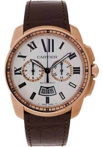 Vintage style quartz watches   Cartier Calibre de Cartier Chronograph Watch - 42 mm Pink Gold Case - Silver Dial - Brown Alligator Strap - W7100044